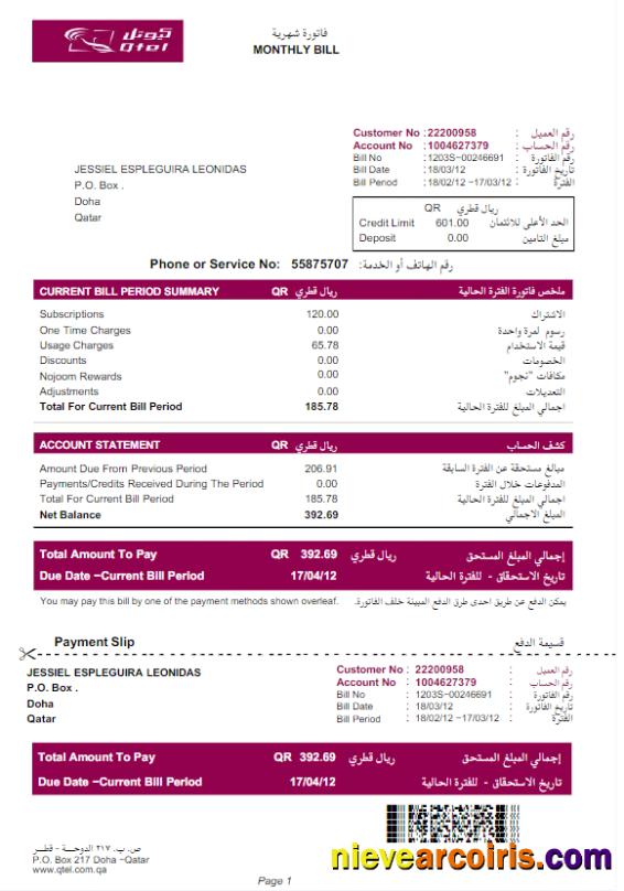 QATAR QTEL utility bill